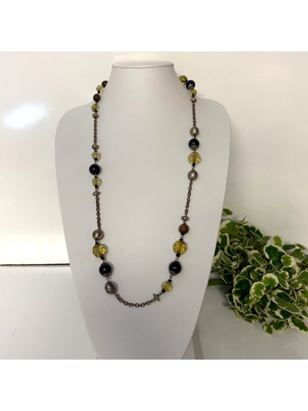 Yellow Green Black Acrylic Beaded Necklace Metal Chain 34 in